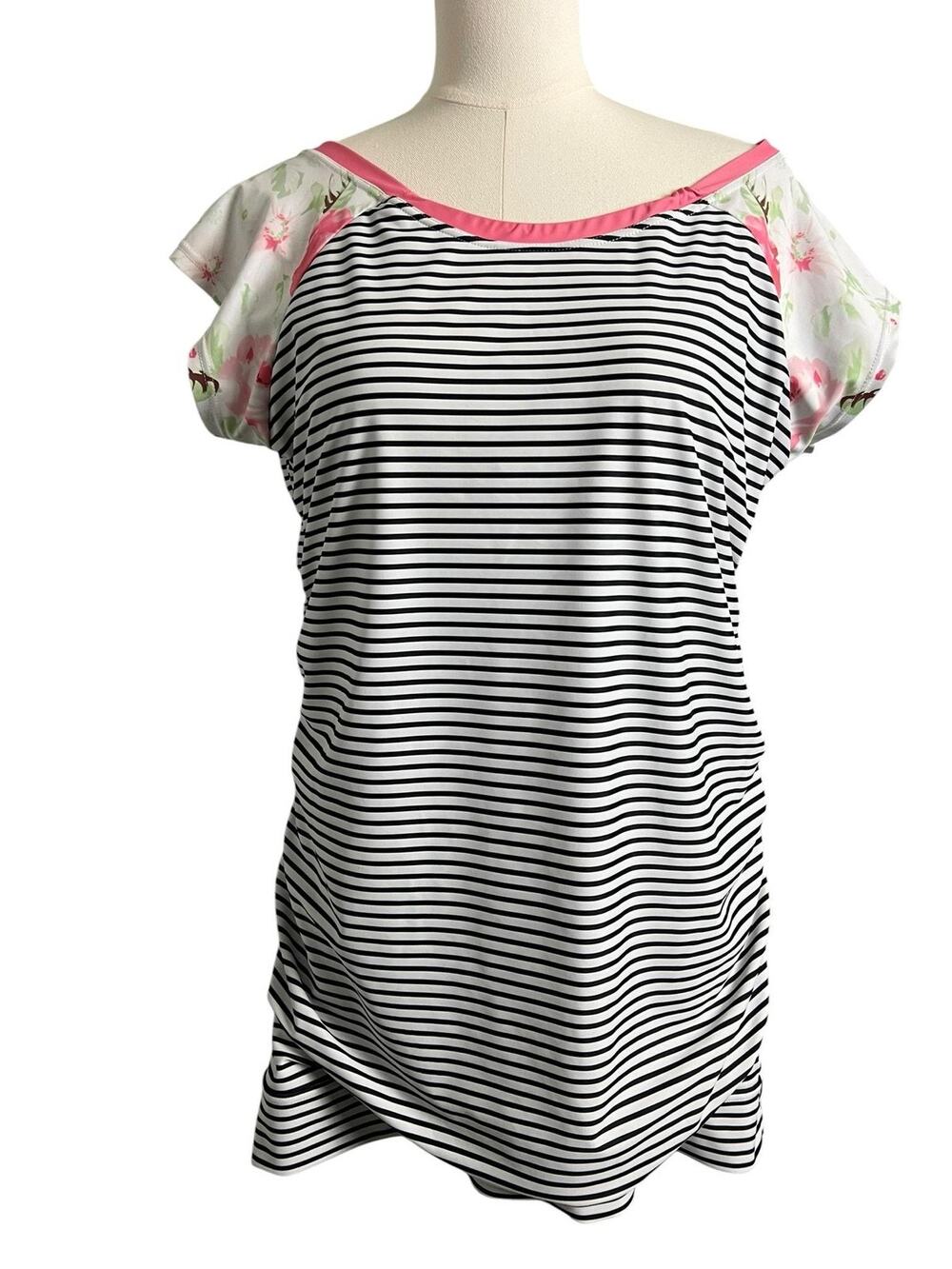 The Skirt Outlet Swim Shirt Top Womens XXL Striped Floral Short Sleeve Ruched